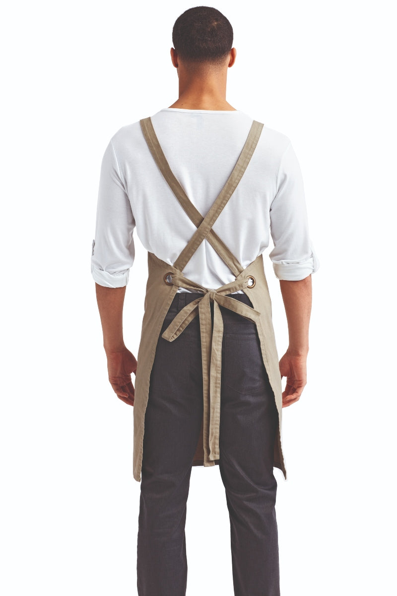 Khaki Cross Back 'Barista' Bib Adjustable Apron (1 Pocket w/ Pen
