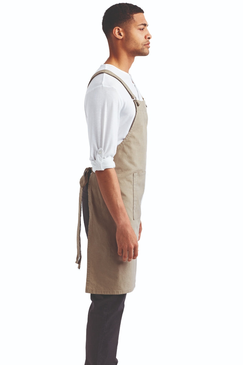 Khaki Cross Back 'Barista' Bib Adjustable Apron (1 Pocket w/ Pen