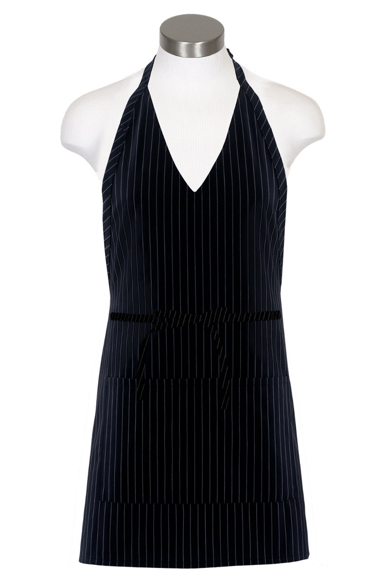 Black & White Pinstripe V-Neck Bib Adjustable Apron (2 Pockets)