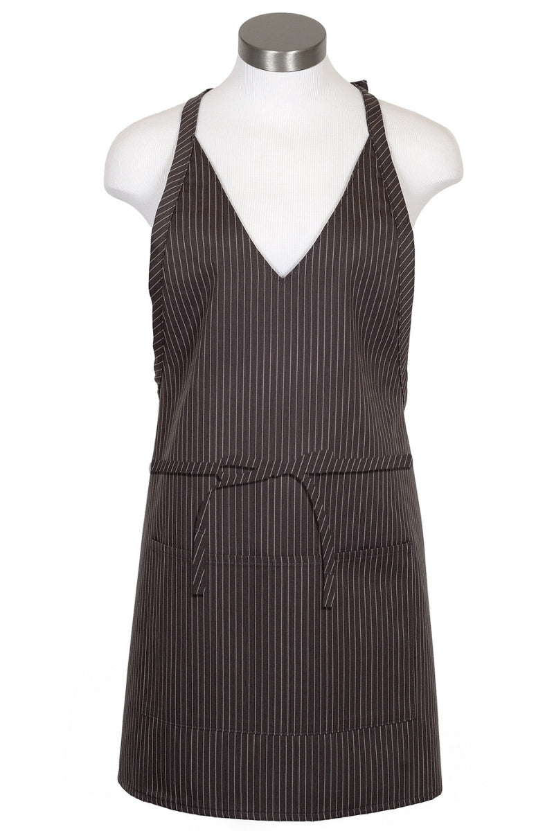 Charcoal Pinstripe V-Neck Bib Adjustable Apron (2 Pockets)