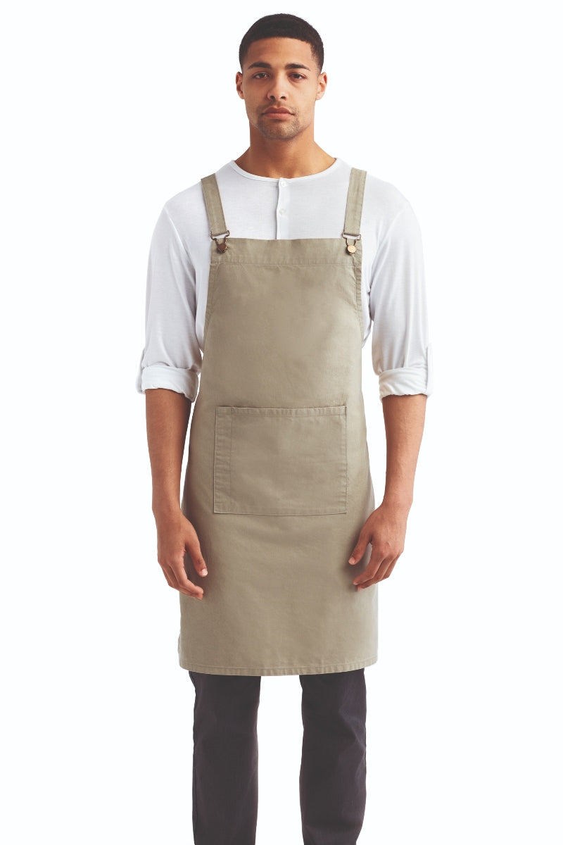 Khaki Cross Back 'Barista' Bib Adjustable Apron (1 Pocket w/ Pen