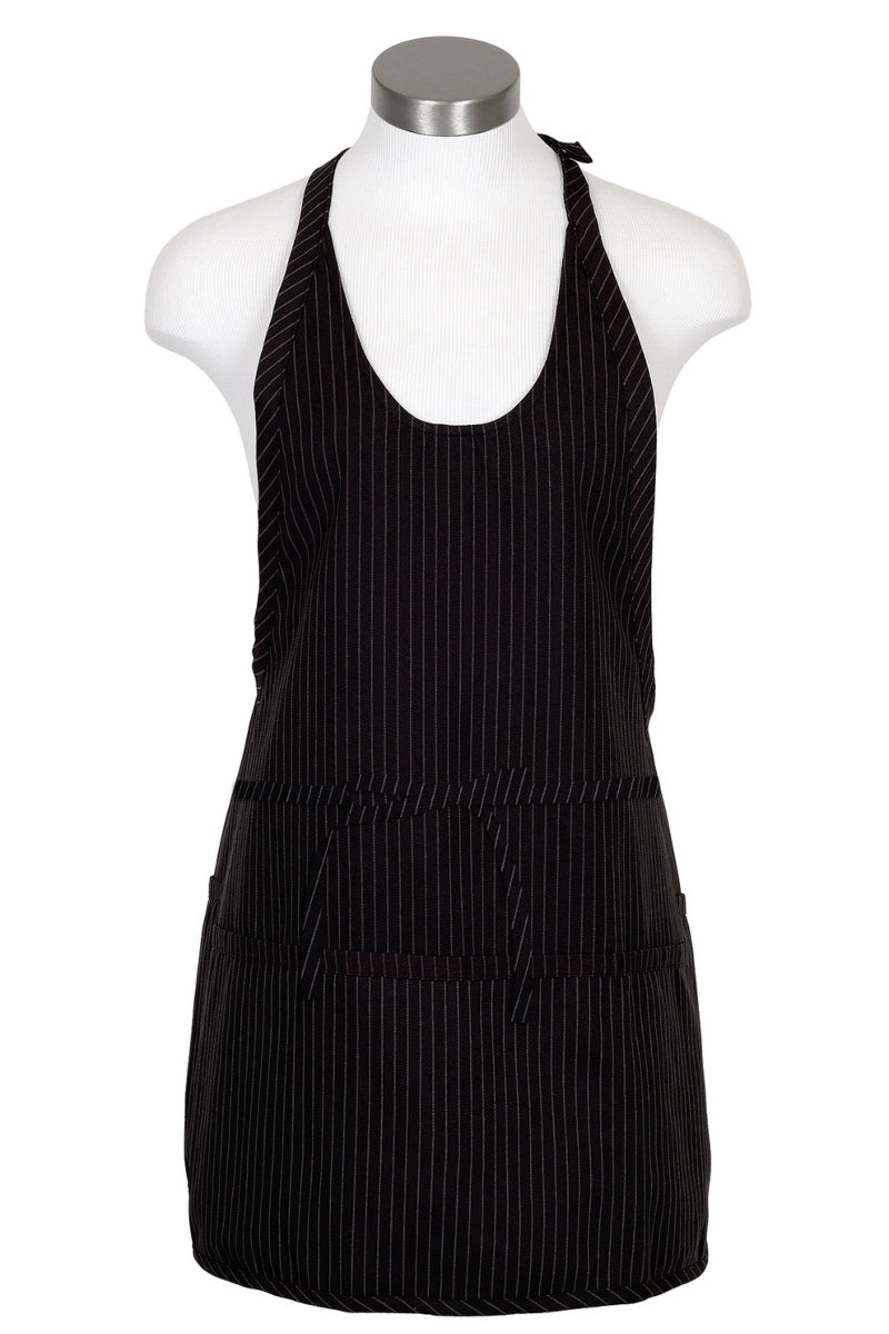 Black & Gray Pinstripe Scoop Neck Bib Adjustable Apron (3 Pockets)