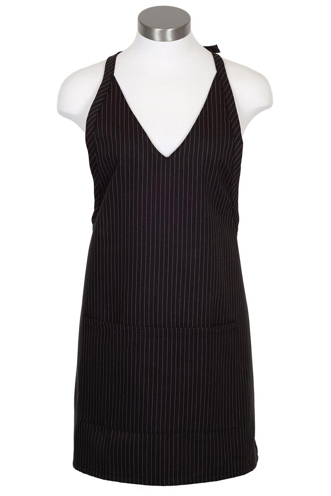 V-Neck Pinstripe Bib Adjustable Apron (2 Patch Pockets)