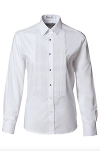 "Karen" Women's White Pleated Laydown Tuxedo Shirt