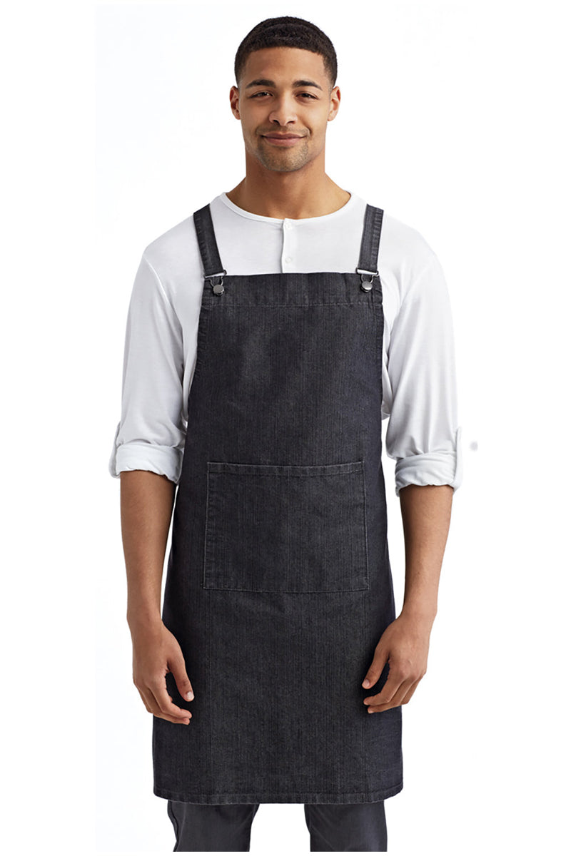 Artisan Collection by Reprime Black Denim Cross Back Bib Adjustable Apron (1 Large Pocket)