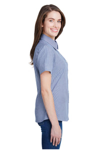 Artisan Collection by Reprime Women's Microcheck Short Sleeve Cotton Shirt (Navy / White)