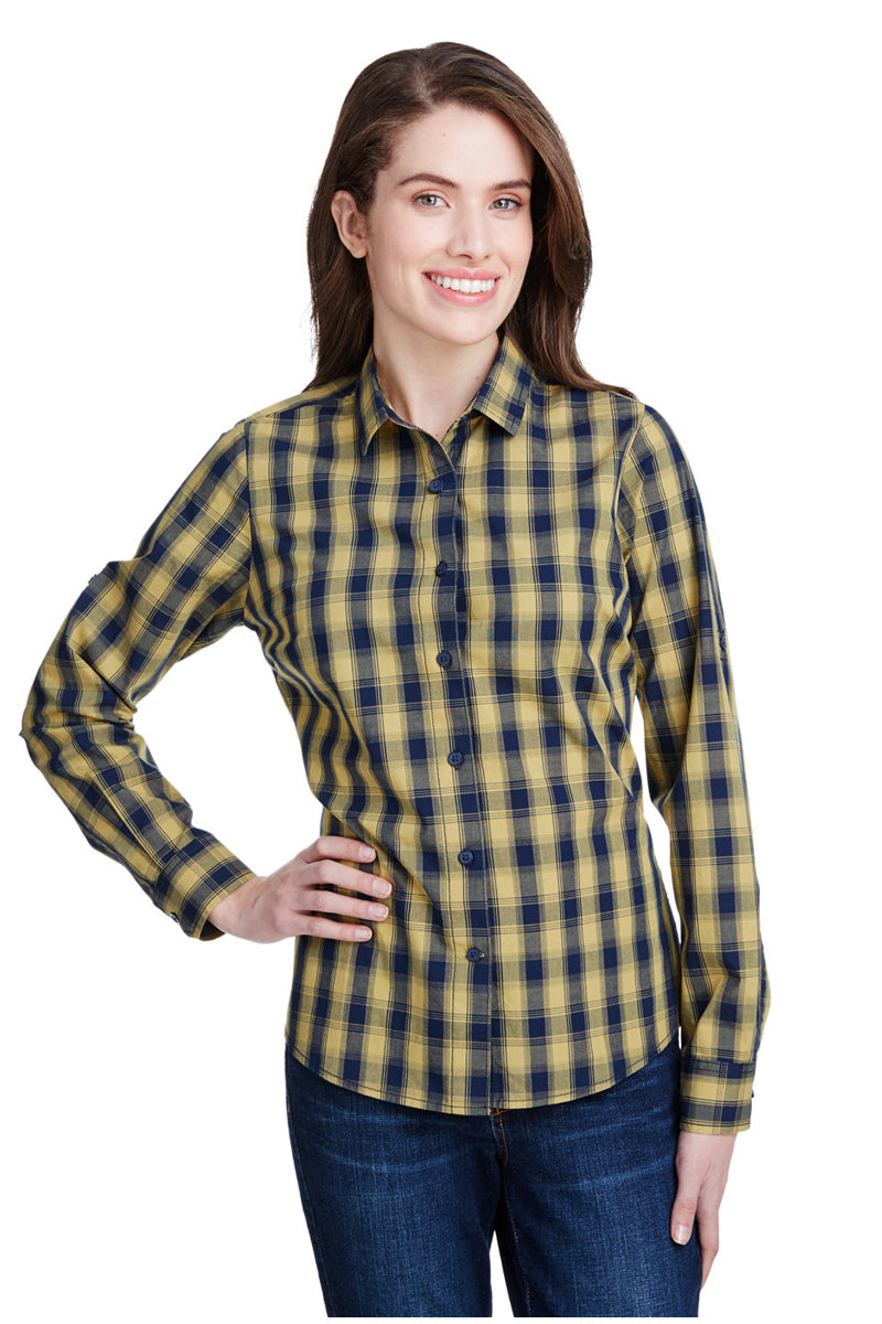 Artisan Collection by Reprime XS Women's Mulligan Check Long Sleeve Cotton Shirt (Camel / Navy)